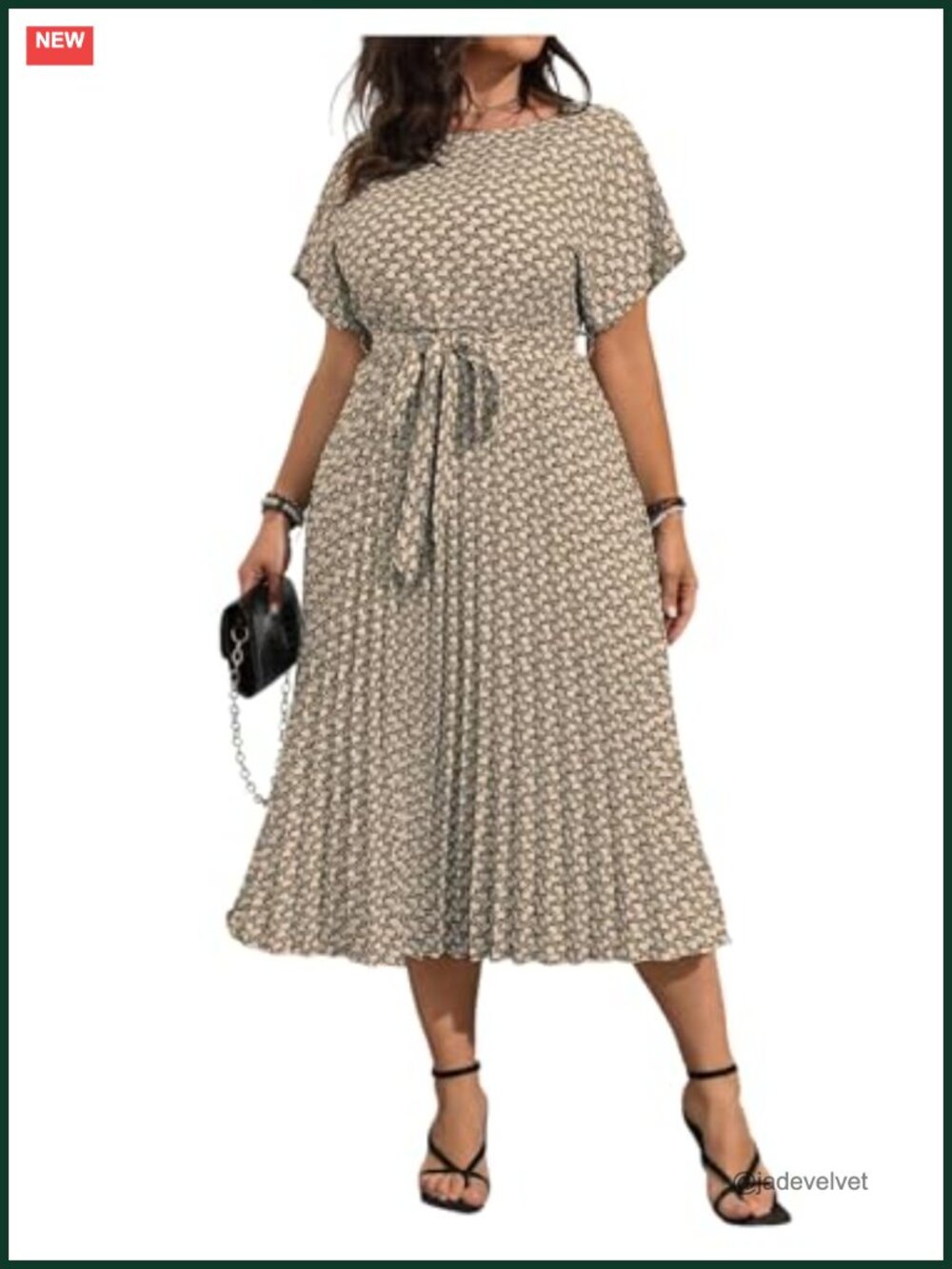 Plus Size Midi Dress Dolman Sleeve Pleated Square Neck Tie Front A-Line Work